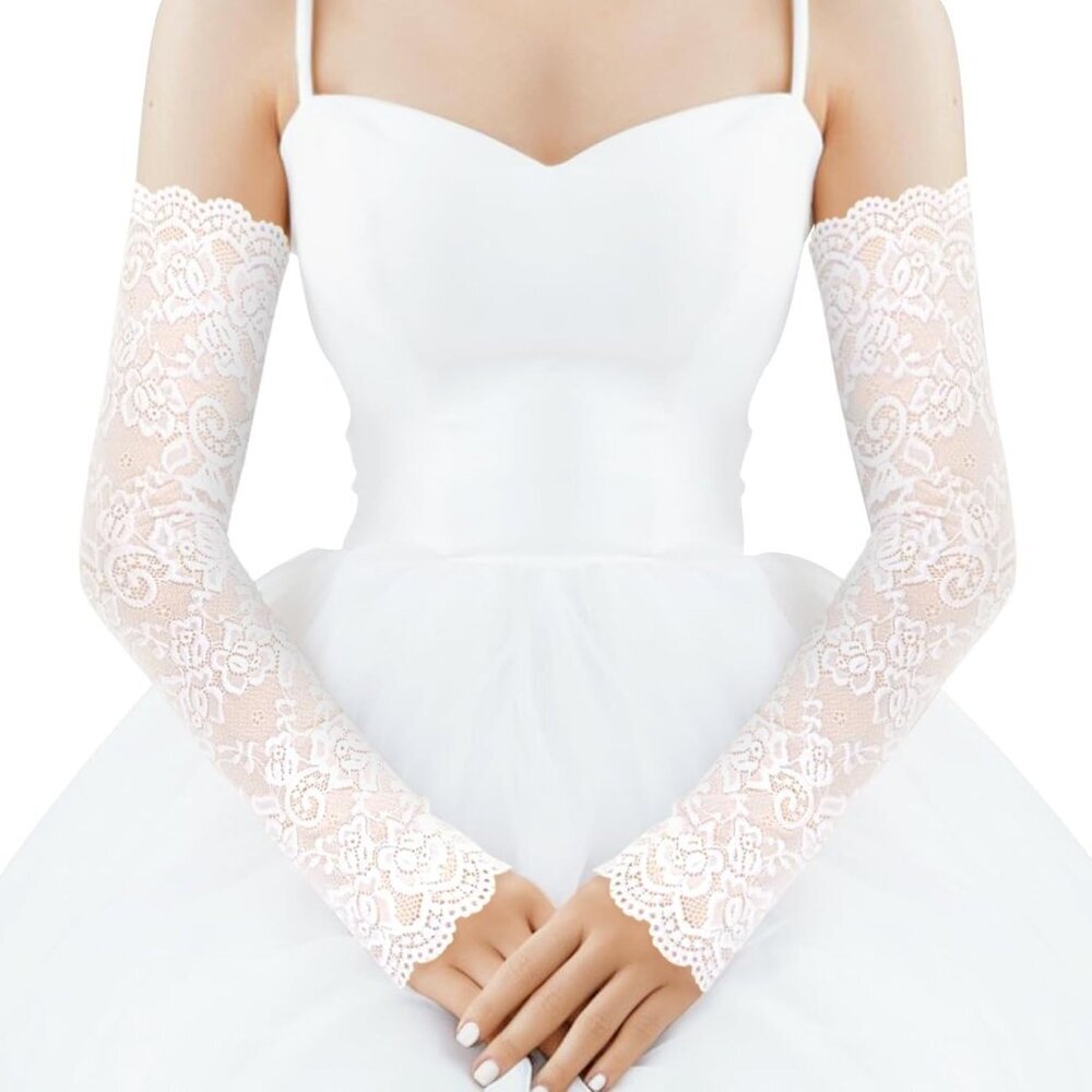Women's 1 White Fingerless Lace Arm Sleeves Gloves Wedding Dress Party Prom